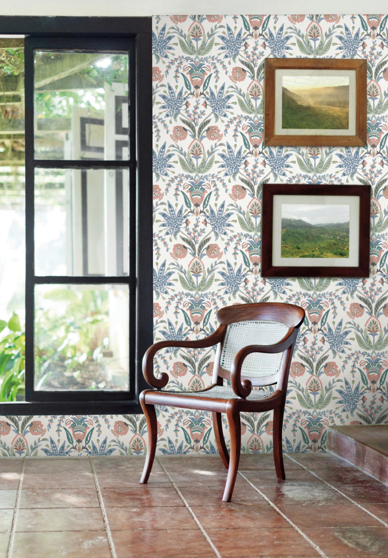 media image for Seaside Jacobean Wallpaper in White/Pink/Blue from the Mediterranean Collection by York Wallcoverings 22