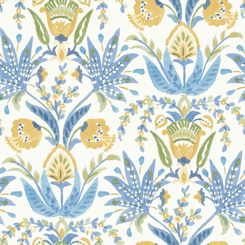 media image for sample seaside jacobean wallpaper in white yellow blue from the mediterranean collection by york wallcoverings 1 24