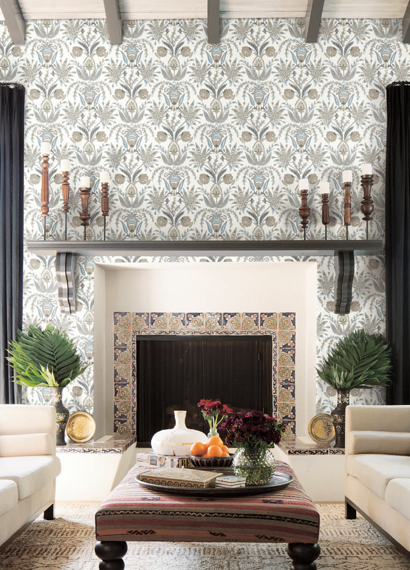 media image for Seaside Jacobean Wallpaper in White/Taupe/Blue from the Mediterranean Collection by York Wallcoverings 280