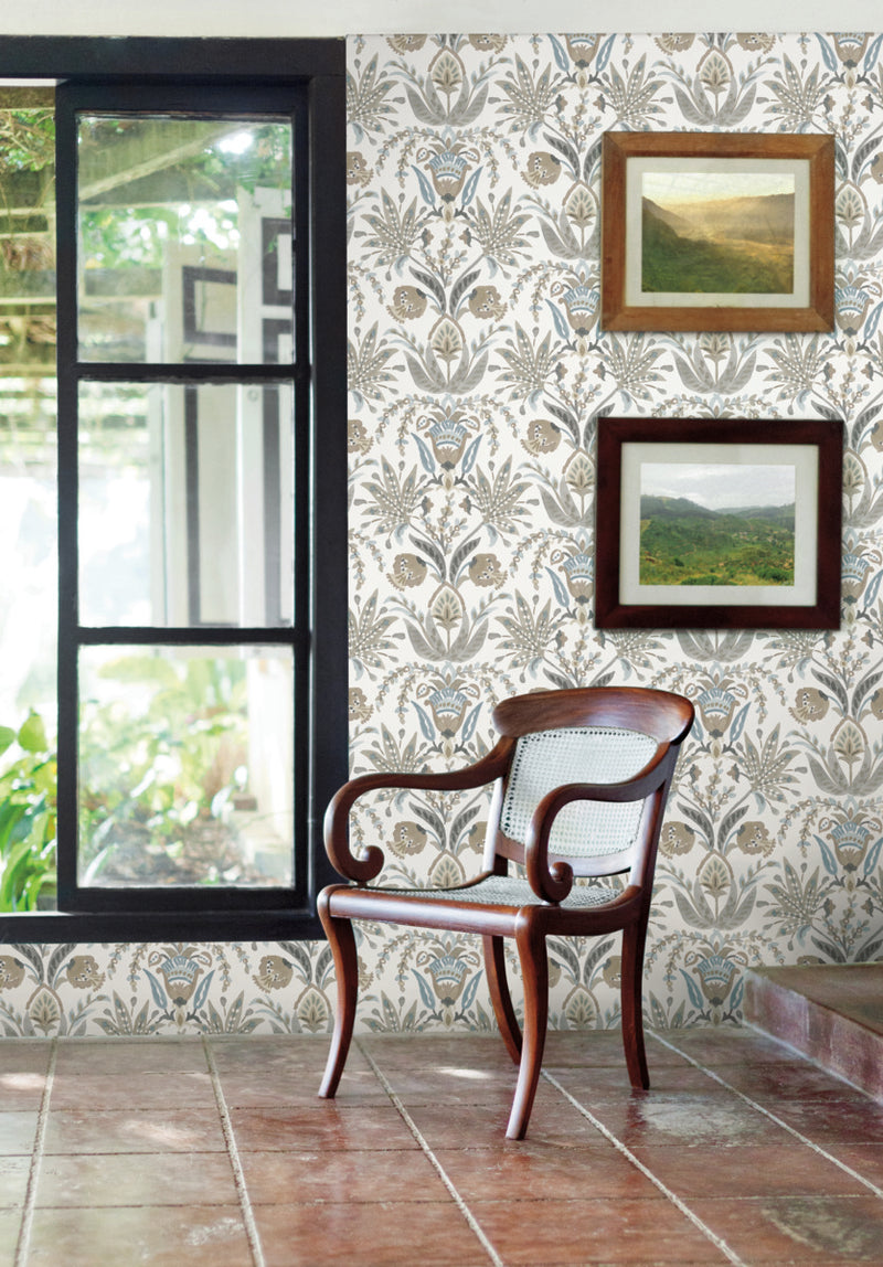 media image for Seaside Jacobean Wallpaper in White/Taupe/Blue from the Mediterranean Collection by York Wallcoverings 273