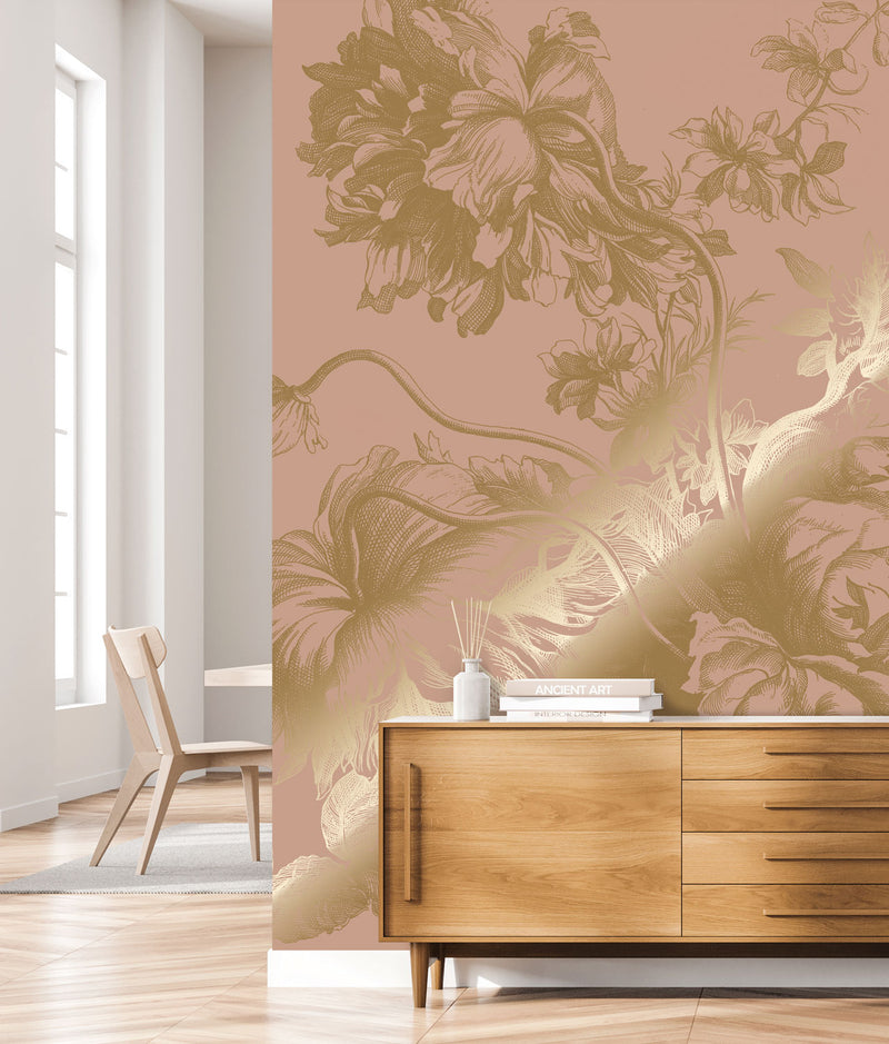 media image for Gold Metallic Wall Mural No. 1 Engraved Flowers in Nude 26