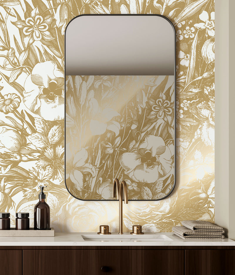 media image for Gold Metallic Wall Mural No. 3 Engraved Flowers in Off-White 23