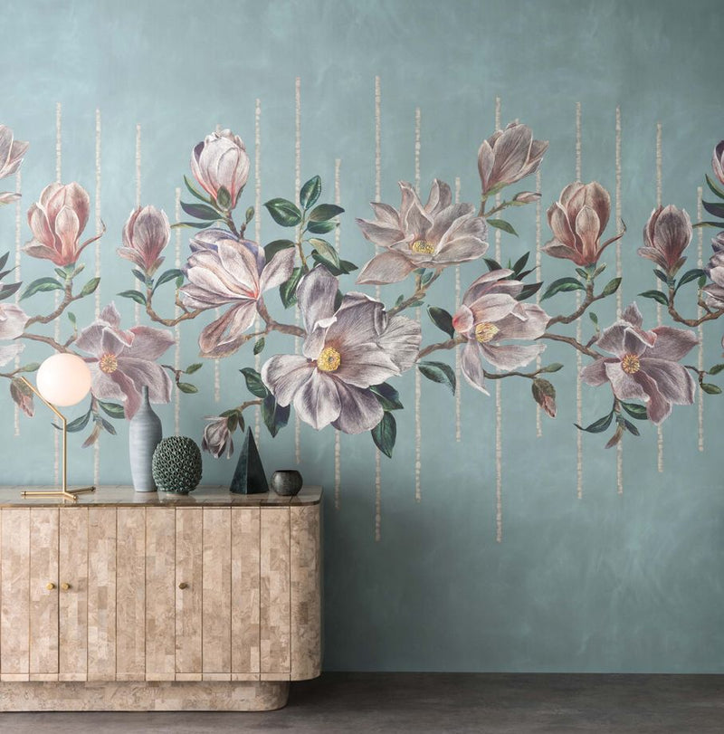 media image for Magnolia Frieze Wall Mural in Aqua and Ochre from the Folium Collection by Osborne & Little 260