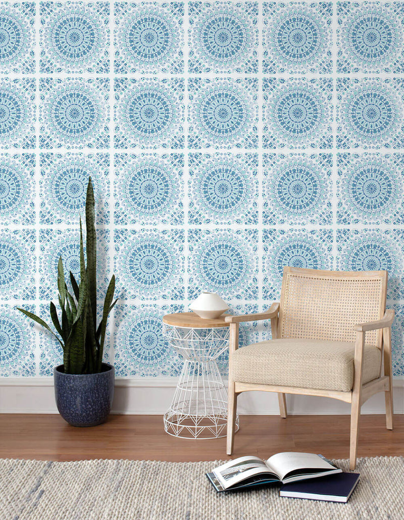 media image for Mandala Peel-and-Stick Wallpaper in Teal and Blue by NextWall 297