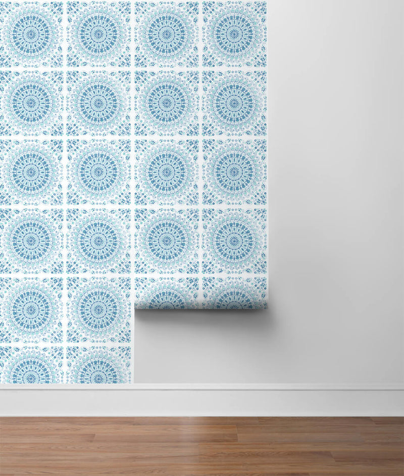 media image for Mandala Peel-and-Stick Wallpaper in Teal and Blue by NextWall 274