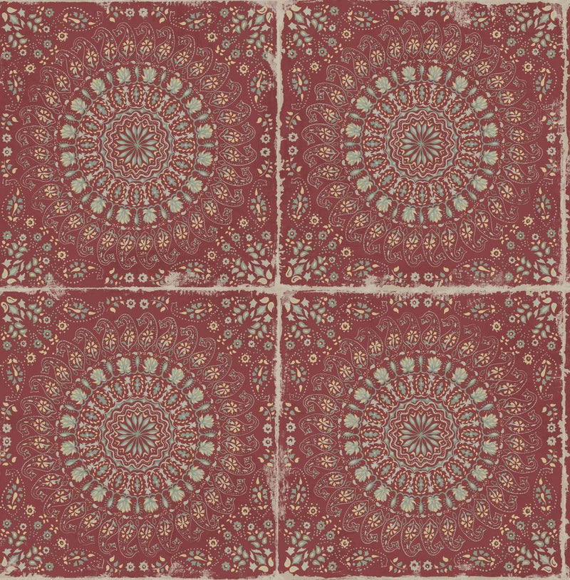 media image for Mandala Boho Tile Wallpaper in Cabernet and Aloe Green from the Boho Rhapsody Collection by Seabrook Wallcoverings 277