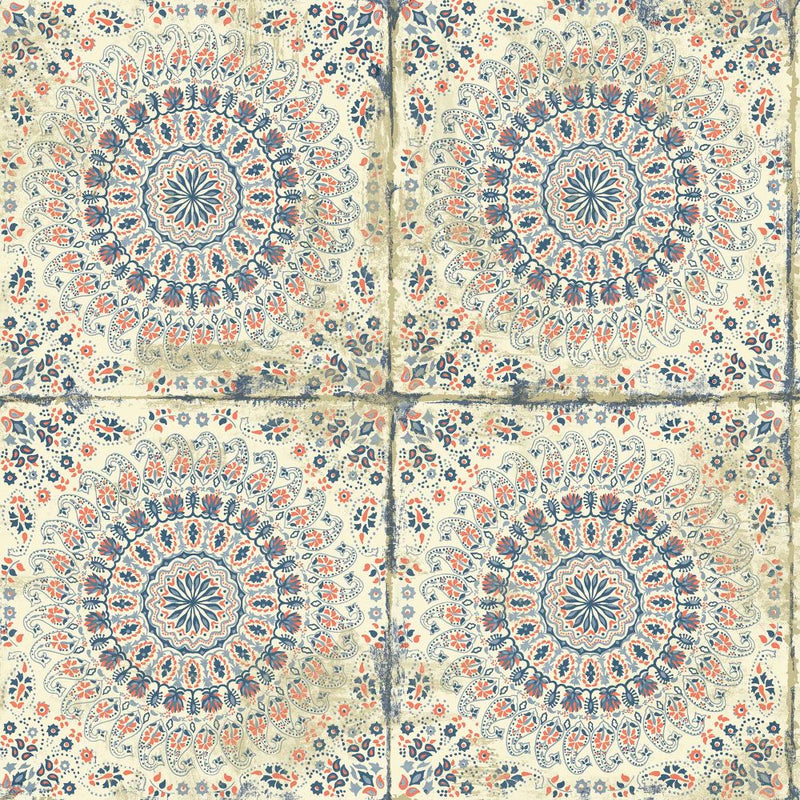 media image for sample mandala boho tile wallpaper in coral cream and midnight blue from the boho rhapsody collection by seabrook wallcoverings 1 247