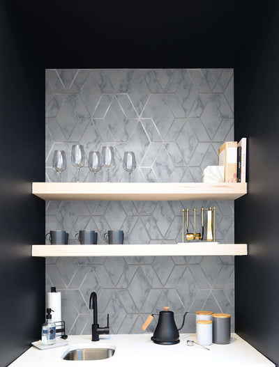 product image for Marble Tile Peel-and-Stick Wallpaper in Grey and Metallic Silver by NextWall 0