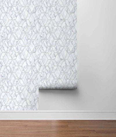 product image for Marble Tile Peel-and-Stick Wallpaper in Grey and Metallic Silver by NextWall 13