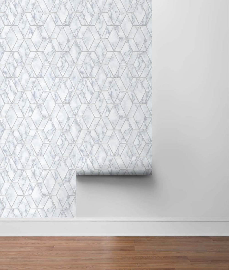 media image for Marble Tile Peel-and-Stick Wallpaper in Grey and Metallic Silver by NextWall 20