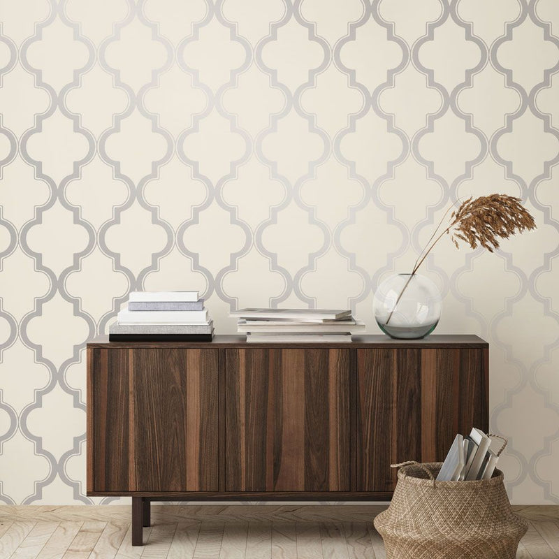 media image for Marrakesh Self-Adhesive Wallpaper in Cream and Metallic Silver design by Tempaper 222
