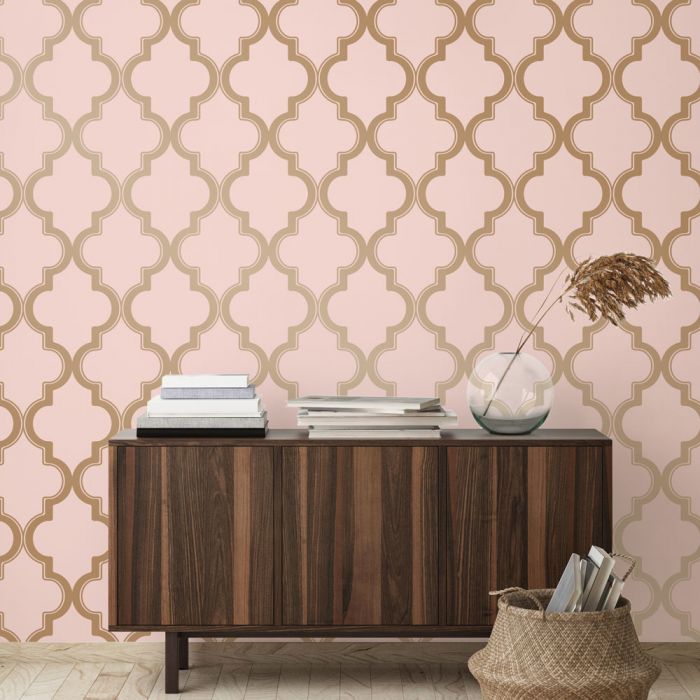 media image for Marrakesh Self-Adhesive Wallpaper in Pink and Metallic Gold design by Tempaper 286