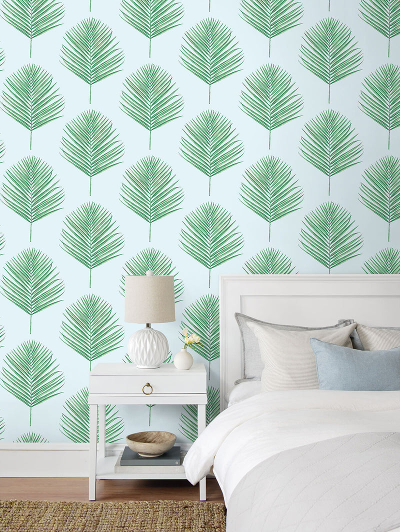 media image for Maui Palm Peel-and-Stick Wallpaper in Celeste and Jade from the Luxe Haven Collection by Lillian August 216