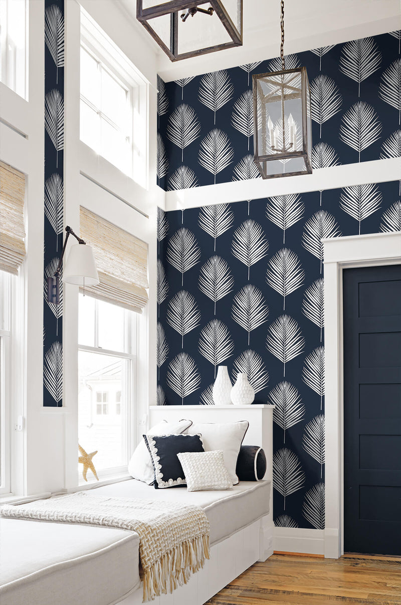 media image for Maui Palm Peel-and-Stick Wallpaper in Midnight Blue and White from the Luxe Haven Collection by Lillian August 257