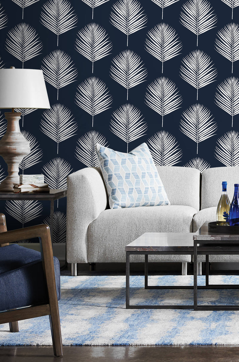 media image for Maui Palm Peel-and-Stick Wallpaper in Midnight Blue and White from the Luxe Haven Collection by Lillian August 29