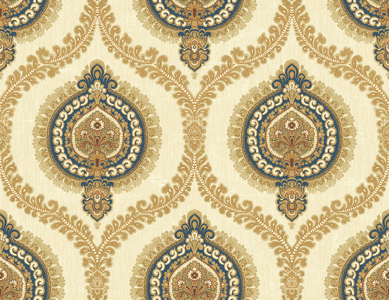 media image for Medallion Ogee Wallpaper in Navy Gold from the Caspia Collection by Wallquest 281