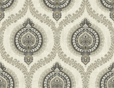 product image of sample medallion ogee wallpaper in silver from the caspia collection by wallquest 1 553