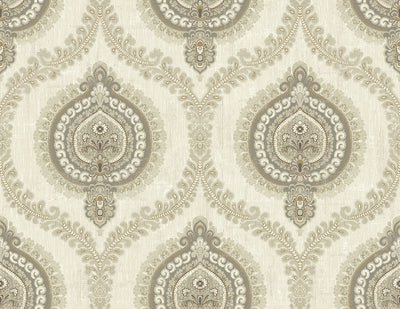 product image of sample medallion ogee wallpaper in warm silver from the caspia collection by wallquest 1 583