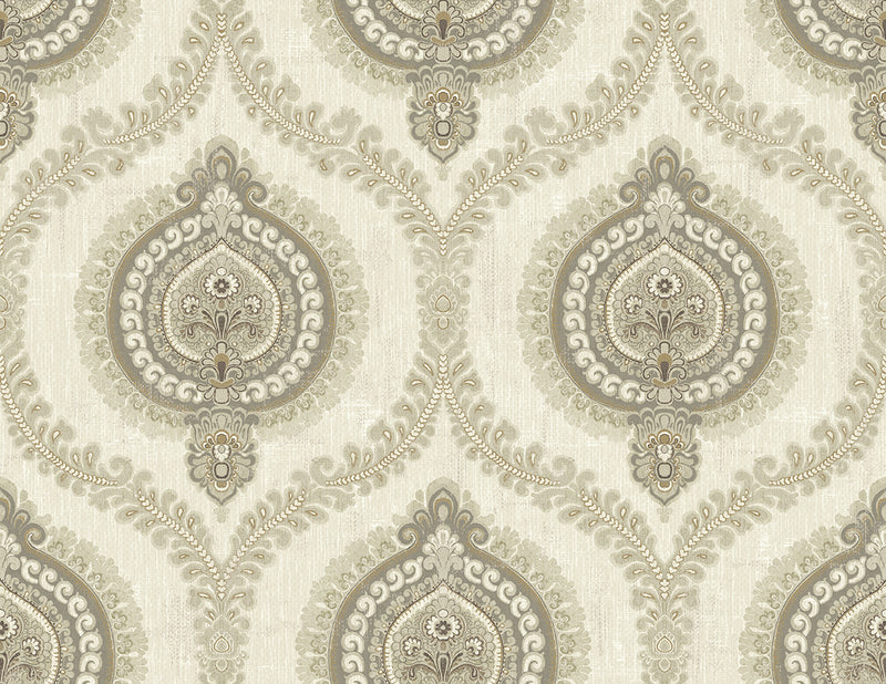 media image for sample medallion ogee wallpaper in warm silver from the caspia collection by wallquest 1 266