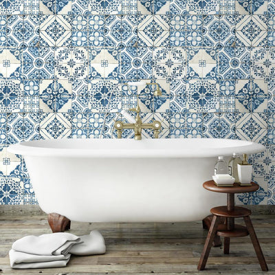 product image for Mediterranean Tile Peel & Stick Wallpaper in Blue by RoomMates for York Wallcoverings 73