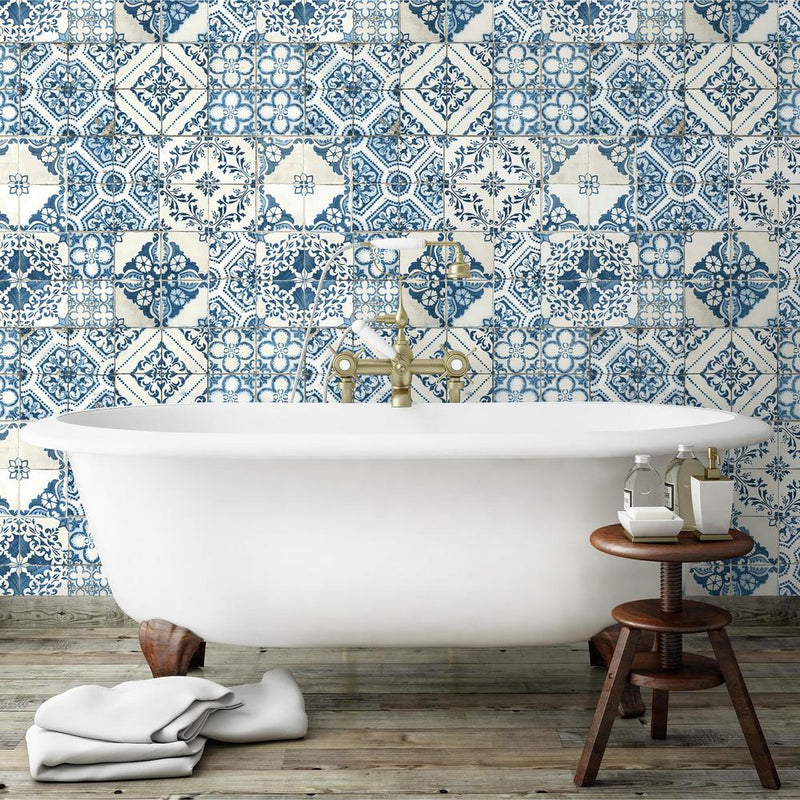 media image for Mediterranean Tile Peel & Stick Wallpaper in Blue by RoomMates for York Wallcoverings 297