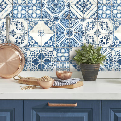 product image for Mediterranean Tile Peel & Stick Wallpaper in Blue by RoomMates for York Wallcoverings 28
