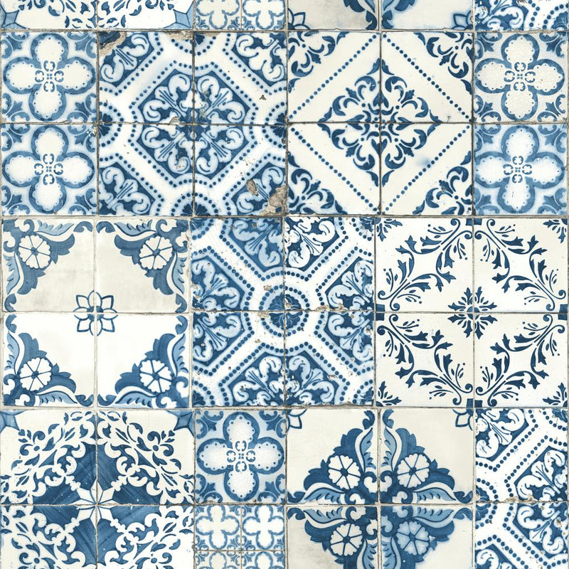 media image for sample mediterranean tile peel stick wallpaper in blue by roommates for york wallcoverings 1 285