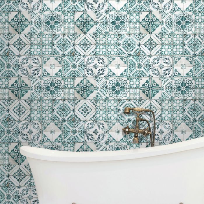 media image for Mediterranean Tile Peel & Stick Wallpaper in Teal by RoomMates for York Wallcoverings 254