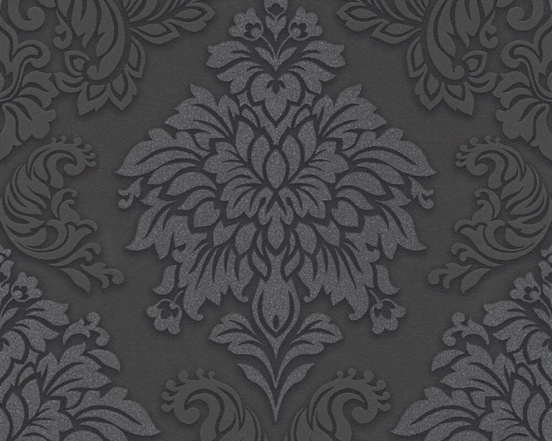 media image for Meredith Classic Baroque Wallpaper in Black, Grey, and Metallic by BD Wall 248