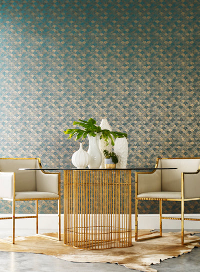product image of Mermaid Scales Wallpaper in Teal and Gold from the Natural Opalescence Collection by Antonina Vella for York Wallcoverings 552