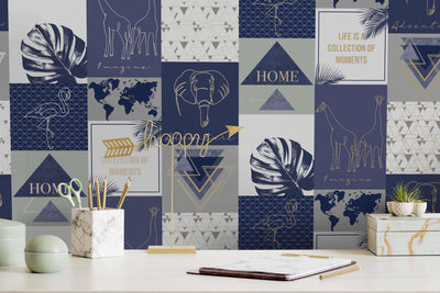 product image for Metallic Collage Wallpaper in Navy and Gold by Walls Republic 73