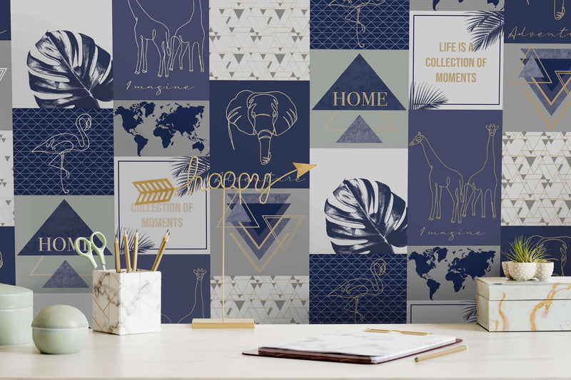 media image for Metallic Collage Wallpaper in Navy and Gold by Walls Republic 262