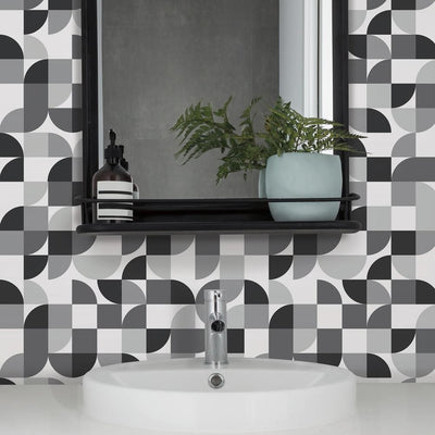 product image for Mid-Century Geometric Peel & Stick Wallpaper in Black and Grey by RoomMates for York Wallcoverings 82