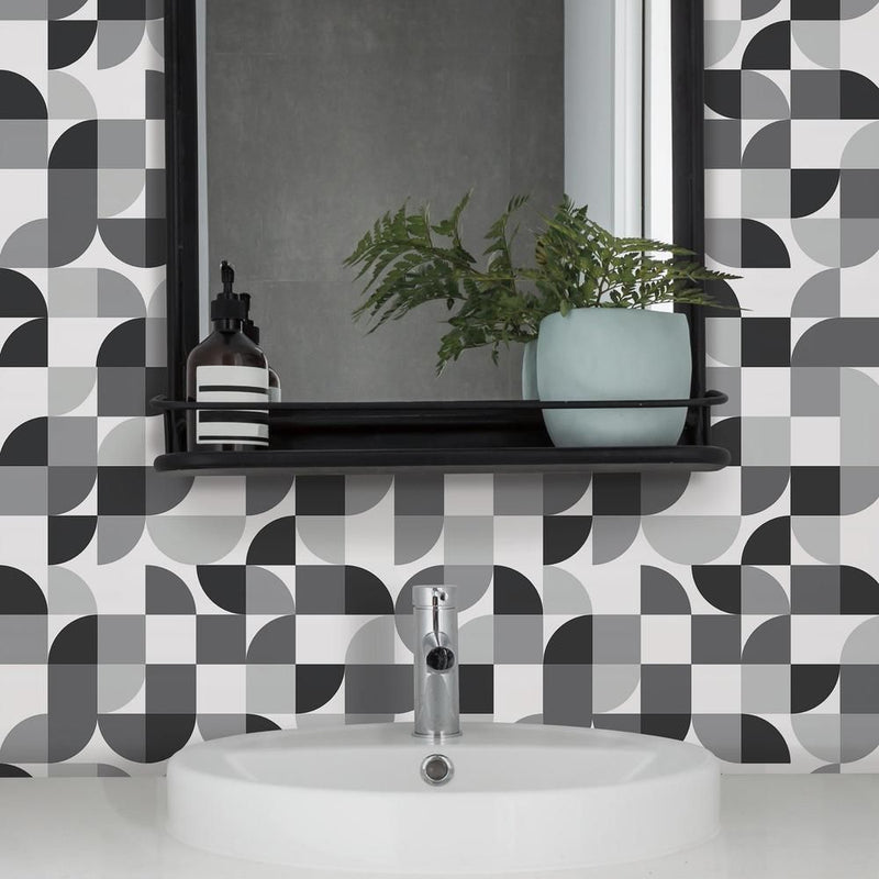media image for Mid-Century Geometric Peel & Stick Wallpaper in Black and Grey by RoomMates for York Wallcoverings 298