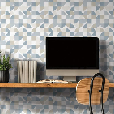 product image for Mid-Century Geometric Peel & Stick Wallpaper in Blue by RoomMates for York Wallcoverings 68