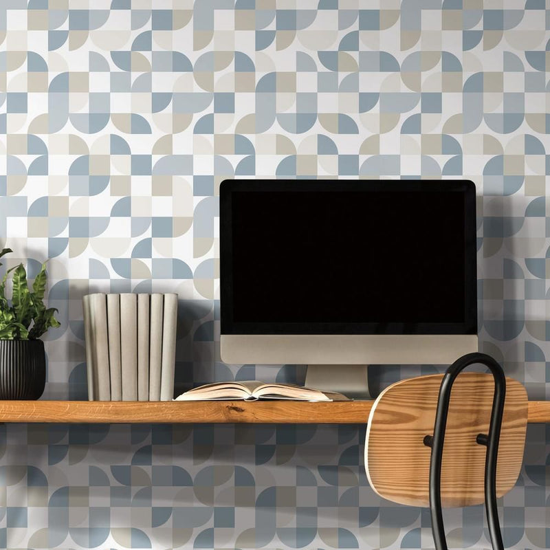media image for Mid-Century Geometric Peel & Stick Wallpaper in Blue by RoomMates for York Wallcoverings 270