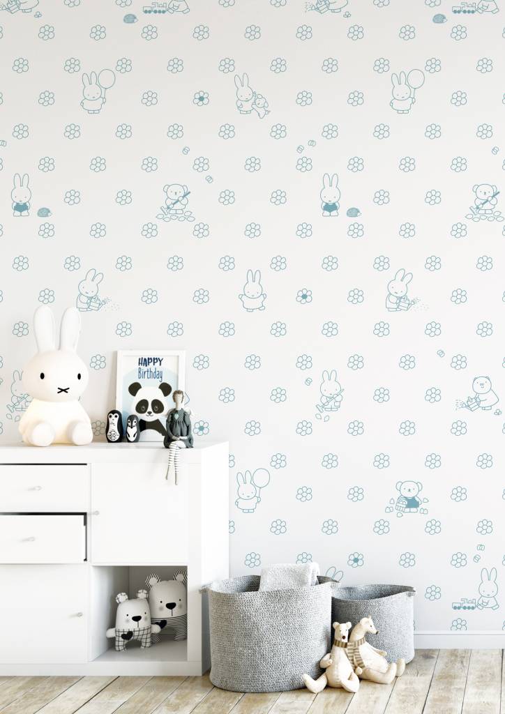 media image for Miffy Flowers Kids Wallpaper in Blue by KEK Amsterdam 270