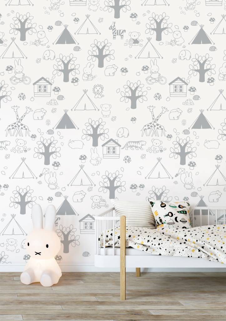 media image for Miffy Outdoor Fun Kids Wallpaper in Grey by KEK Amsterdam 287