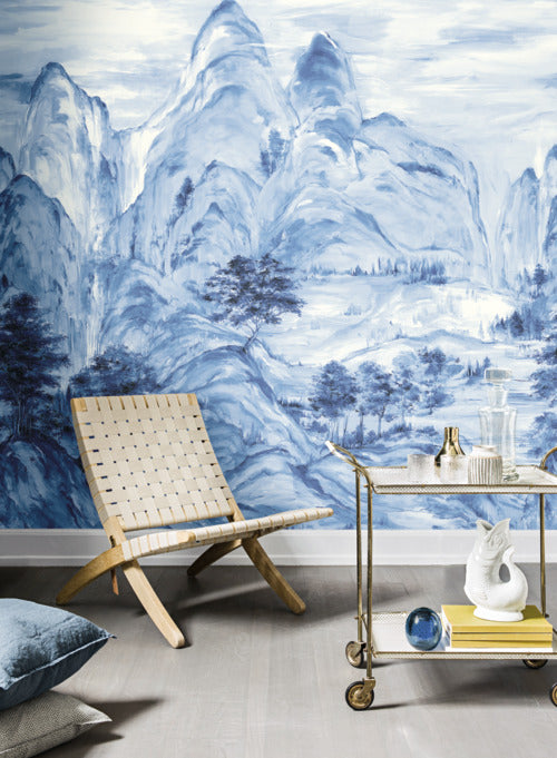 media image for Misty Mountain Wall Mural in Blue from the Tea Garden Collection by Ronald Redding for York Wallcoverings 253