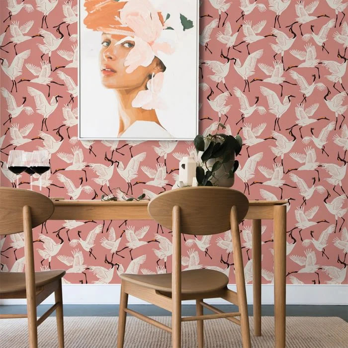 media image for Family of Cranes Dusty Rose Self-Adhesive Wallpaper from the Novogratz Collection by Tempaper 251