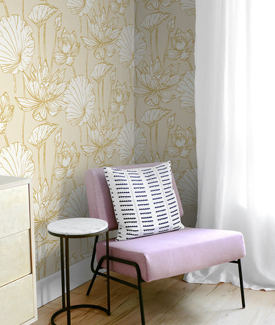 product image for Lotus Floral Peel-and-Stick Wallpaper in Gold and Cream by NextWall 98