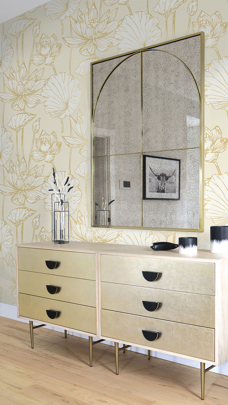media image for Lotus Floral Peel-and-Stick Wallpaper in Gold and Cream by NextWall 213