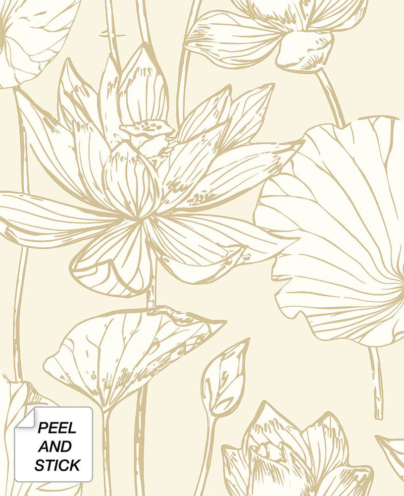 media image for Lotus Floral Peel-and-Stick Wallpaper in Gold and Cream by NextWall 288