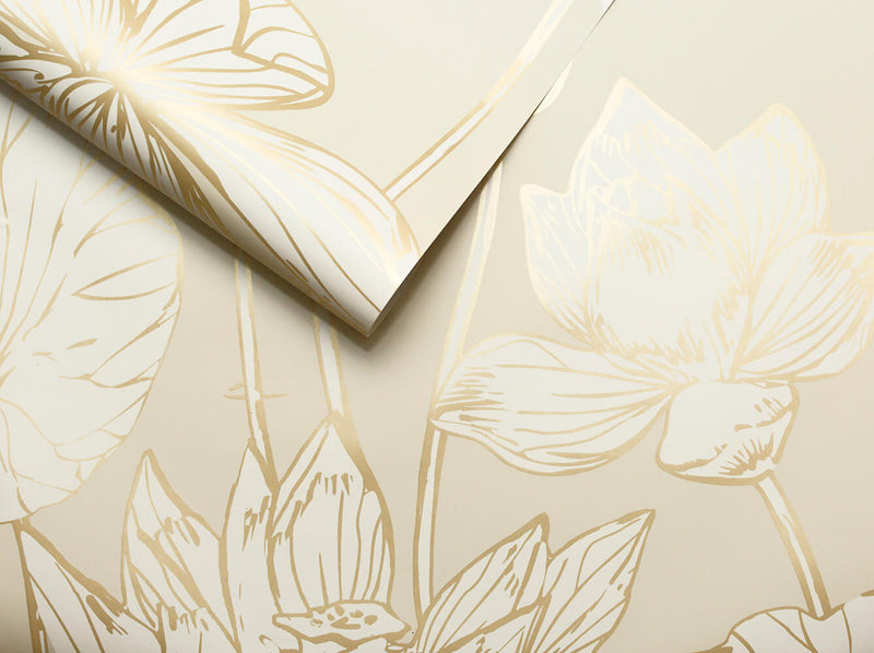 media image for Lotus Floral Peel-and-Stick Wallpaper in Gold and Cream by NextWall 250