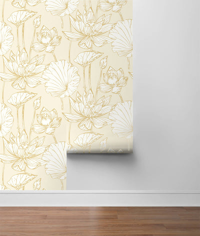 product image for Lotus Floral Peel-and-Stick Wallpaper in Gold and Cream by NextWall 88