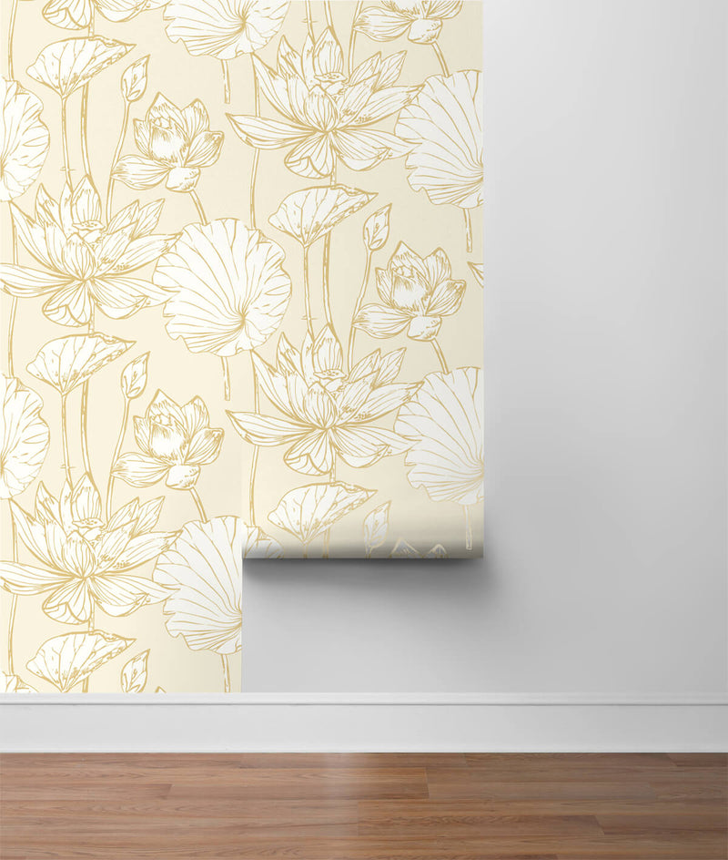 media image for Lotus Floral Peel-and-Stick Wallpaper in Gold and Cream by NextWall 244