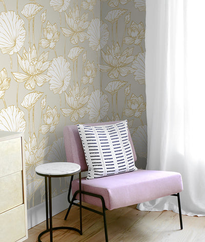 product image for Lotus Floral Peel-and-Stick Wallpaper in Gold and Grey by NextWall 25