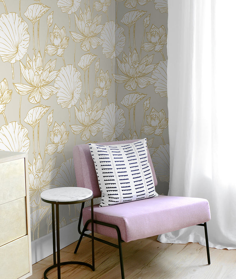 media image for Lotus Floral Peel-and-Stick Wallpaper in Gold and Grey by NextWall 218