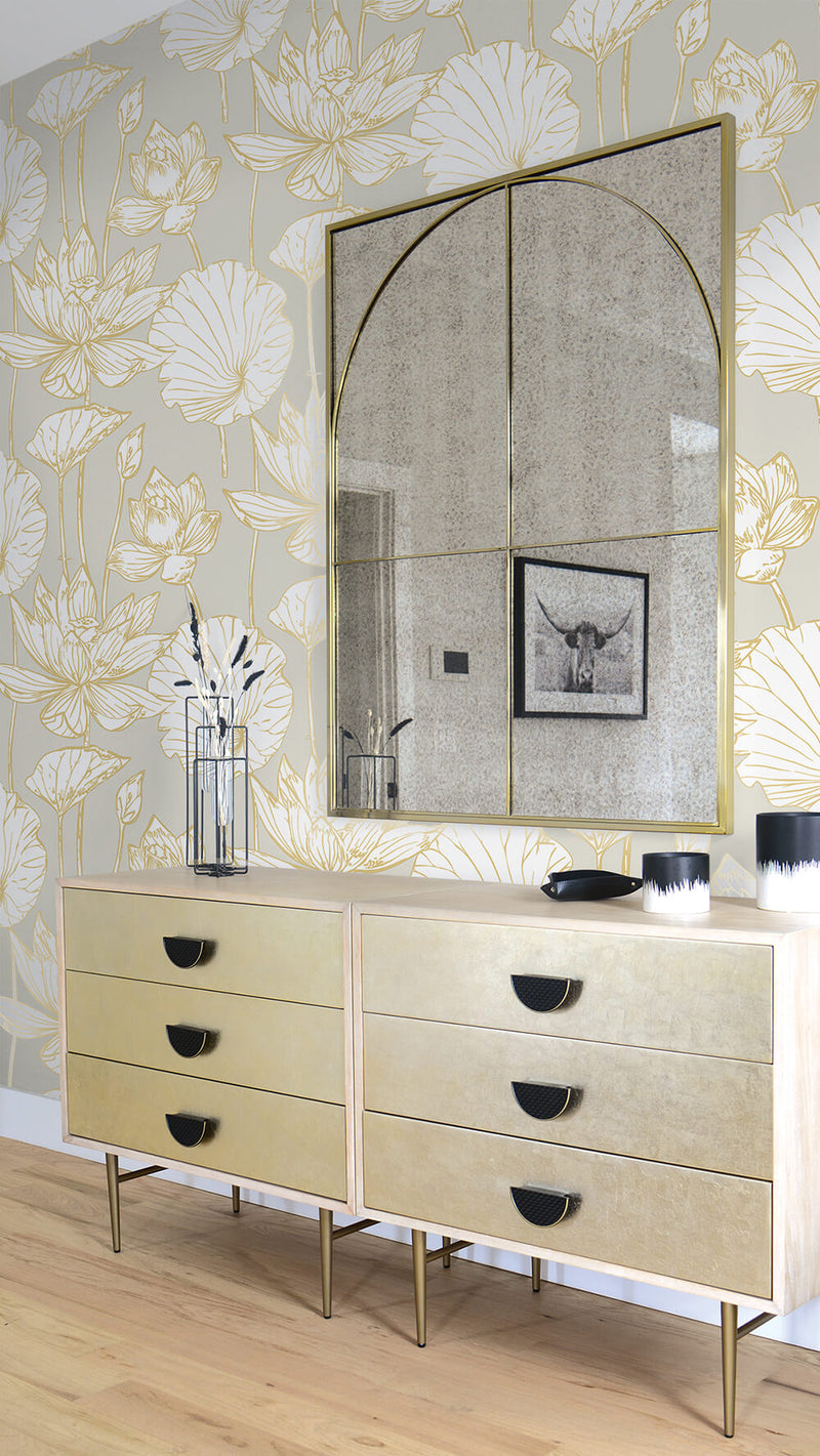 media image for Lotus Floral Peel-and-Stick Wallpaper in Gold and Grey by NextWall 213