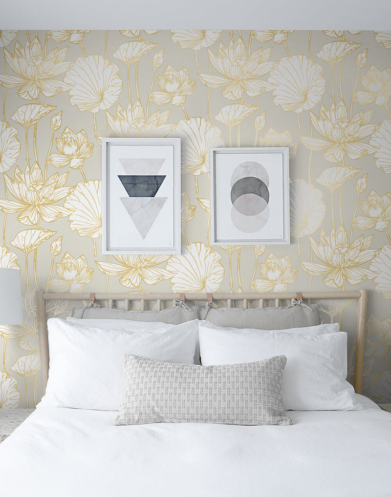 media image for Lotus Floral Peel-and-Stick Wallpaper in Gold and Grey by NextWall 265